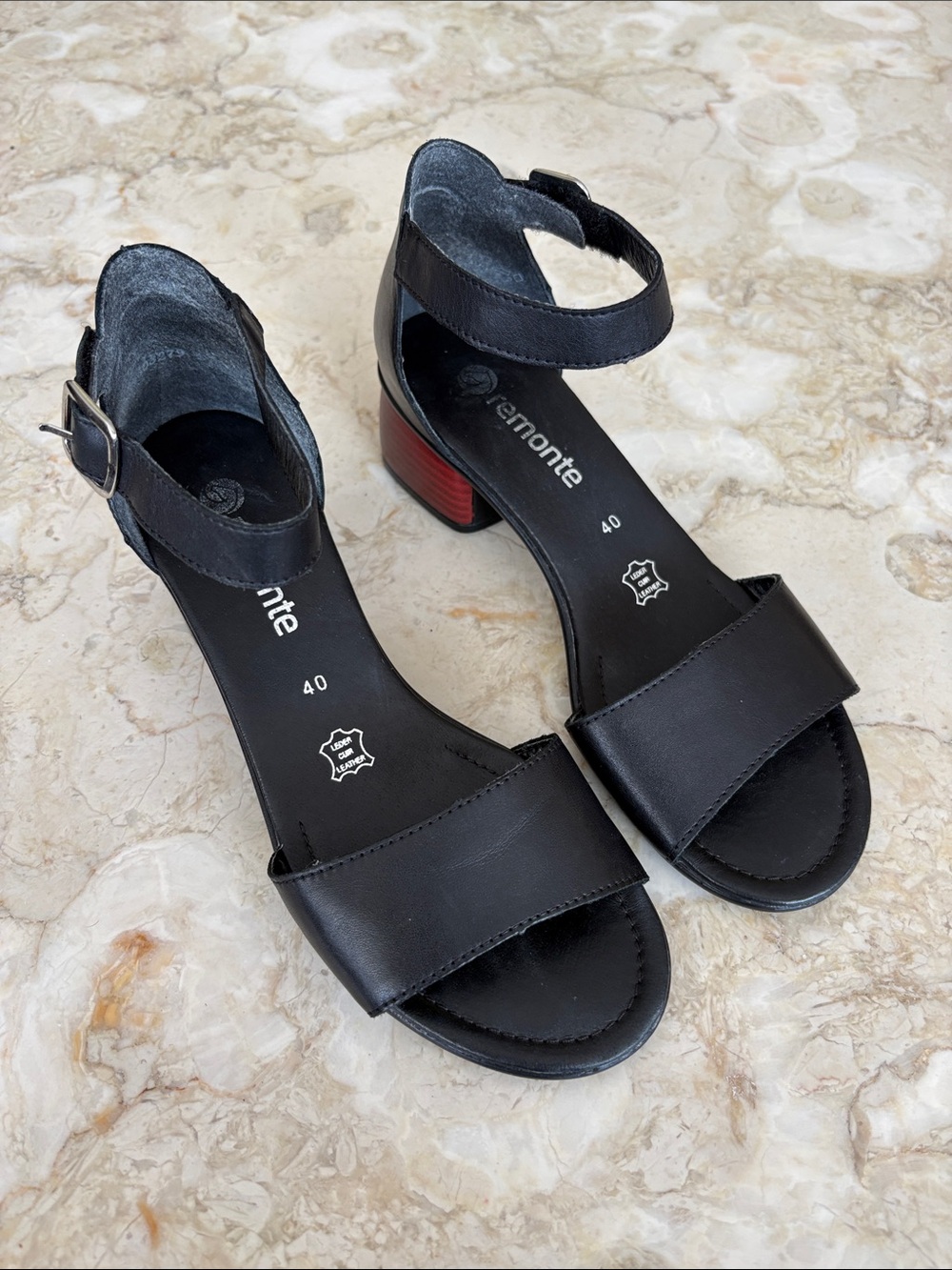 Remonte Black Leather Ankle Strap Sandals with Red Contrast Block Heel! AS NEW!